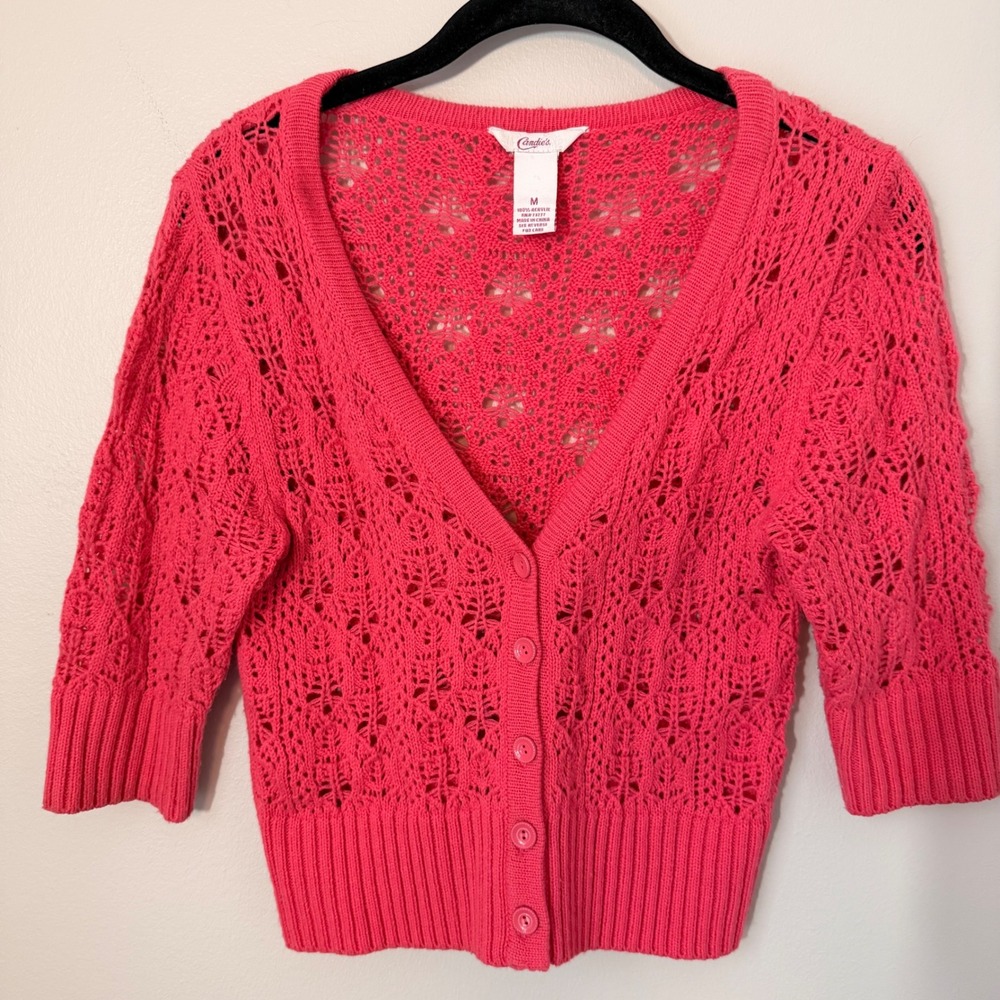 Candie's Vintage 90s Pink Crochet Cardigan Cropped Open Knit Clueless Y2K Medium